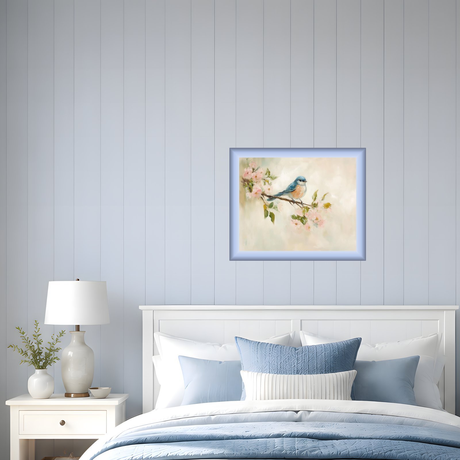 Bluebird artwork with a frame variation in a Coastal bedroom